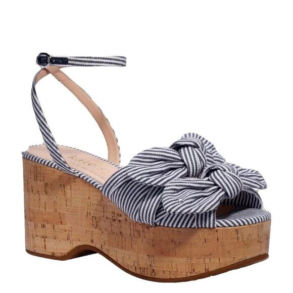 Kate Spade Julep Canvas & Cork Platform Wedge Sandal Blue Stripe Ankle Strap 8.5